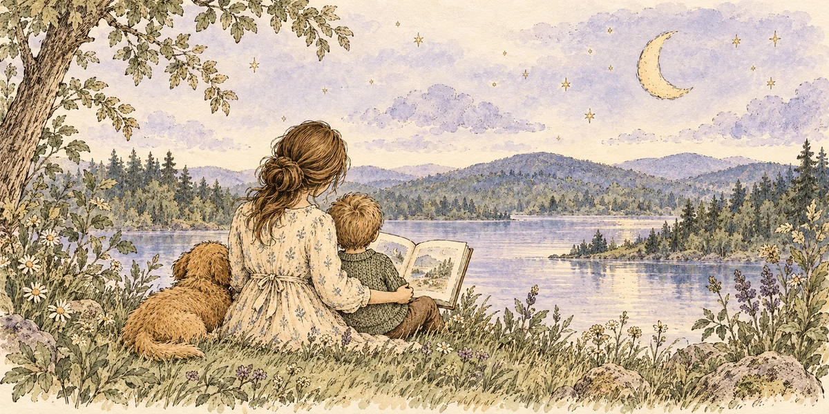 A mother and son reading together on a hillside under a crescent moon, a lake below