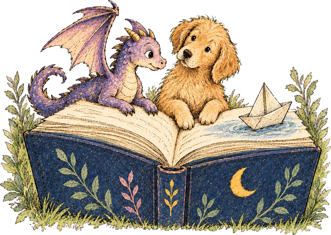 A pen-and-ink storybook lying open in the grass; a small purple dragon and a golden puppy peer over its pages beside a paper sailboat