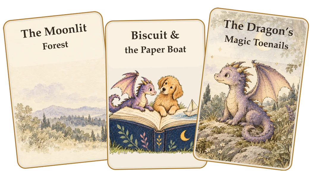 Three story cards fanned out: The Moonlit Forest, Biscuit and the Paper Boat, The Dragon Returns